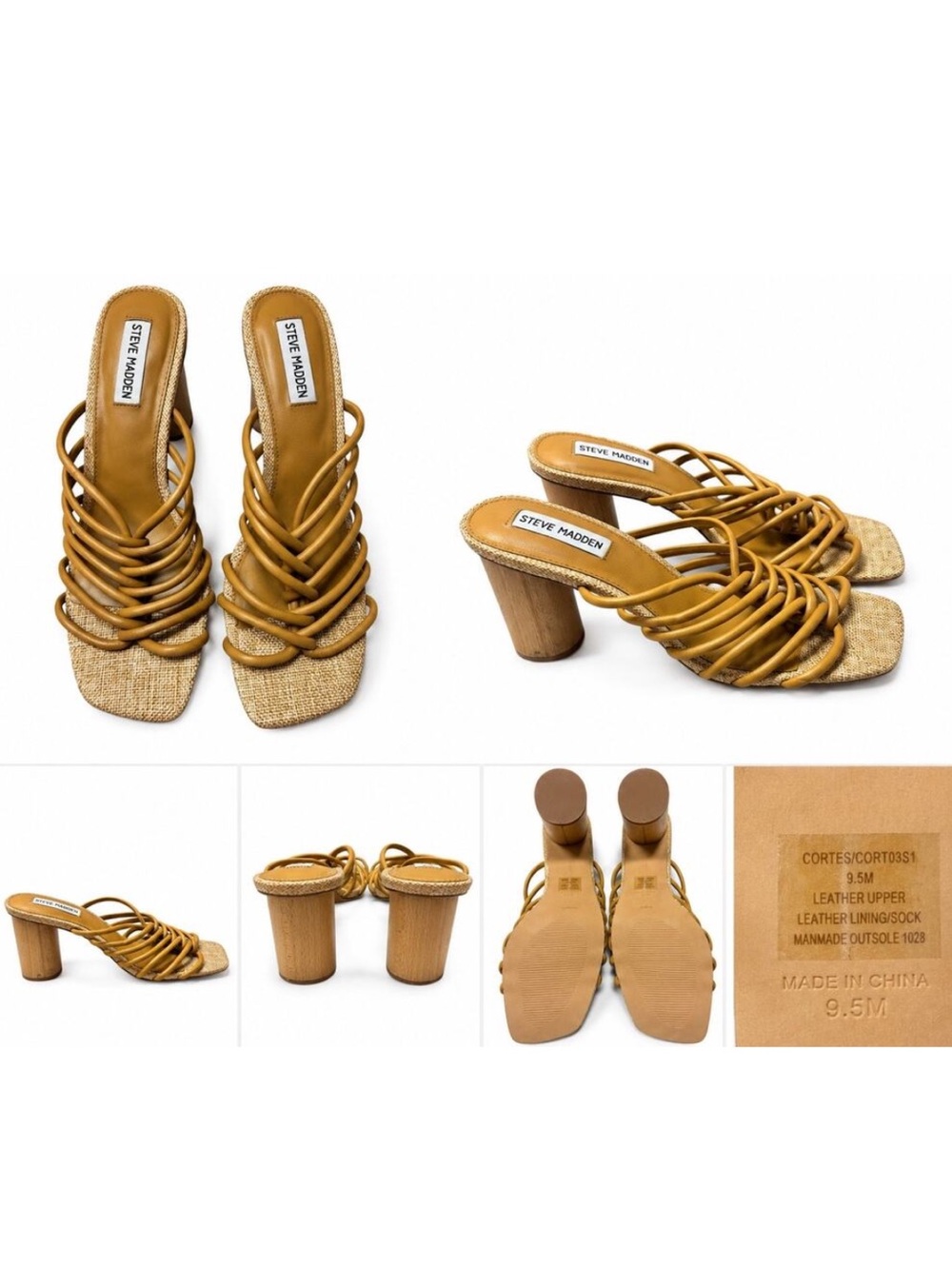 Steve Madden Cortes Leather Strappy Block Heel Mule Sandals Tan 9.5
